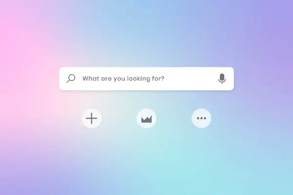 AI-powered search interface showing a modern search bar with the text “What are you looking for?”, voice search icon, and option icons on a soft gradient background.