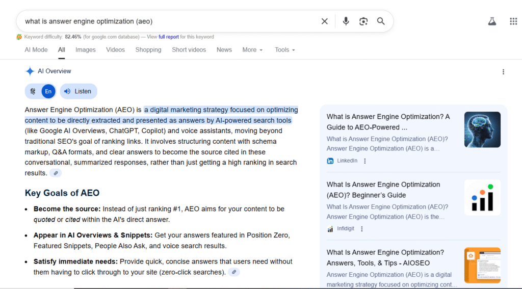 the search result showing the direct result of a query what is answer engine optimization