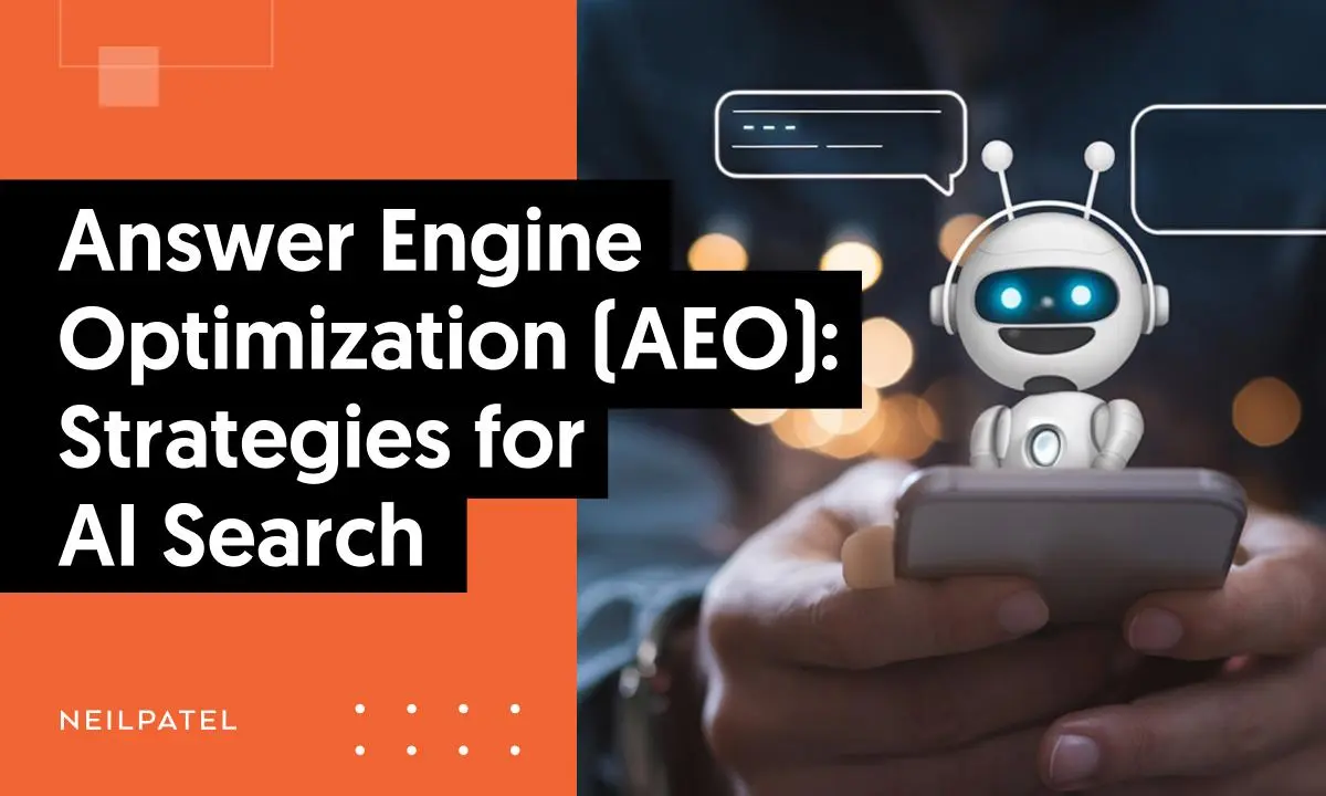 Answer Engine Optimization (AEO) concept image showing an AI chatbot assistant emerging from a smartphone, symbolizing AI-powered search and direct answer delivery for future SEO strategies.