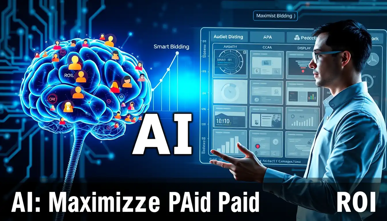 A marketing professional using AI in Digital Marketing tools for smart bidding, audience segmentation, and predictive performance analysis to maximize paid advertising ROI.