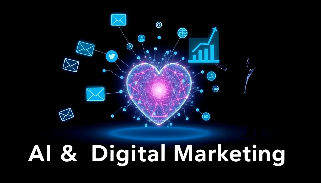ALT Text: A high-tech ai in digital marketing command center featuring a glowing AI brain processing consumer data, real-time analytics, and a rising ROI line graph being analyzed by a professional strategist.