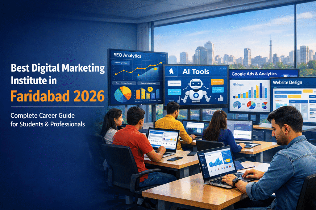 Best Digital Marketing Institute in Faridabad 2026 classroom with students learning SEO, AI tools, Google Ads, and website development in a modern training environment.