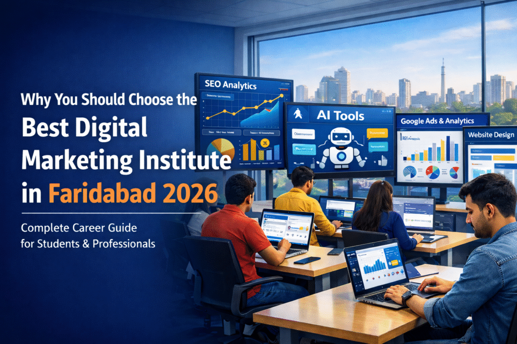 Why You Should Choose the Best Digital Marketing Institute in Faridabad 2026 classroom image showing students learning SEO, AI tools, Google Ads, and website design in a modern training environment.