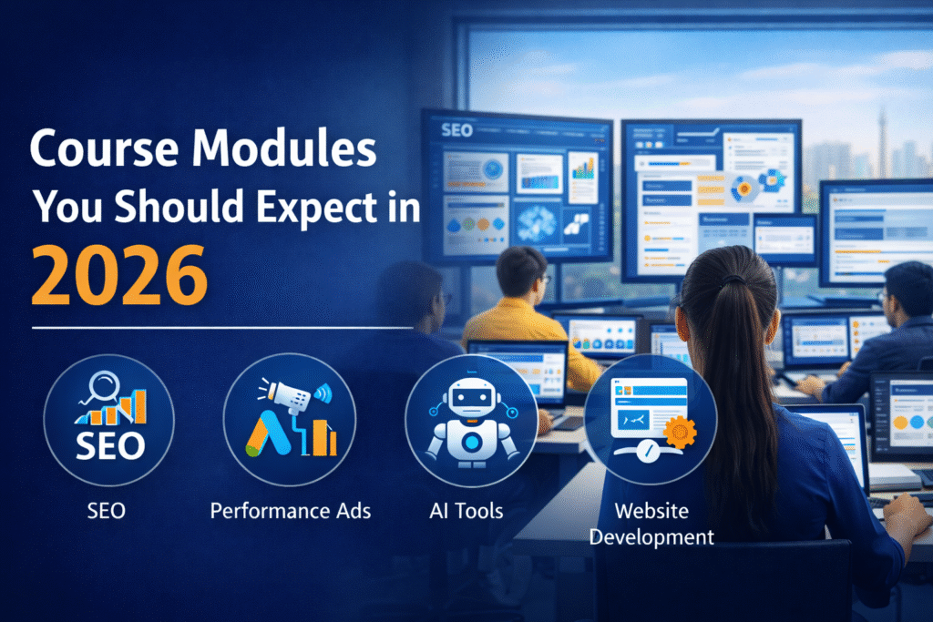 Course Modules You Should Expect in 2026 at the Best Digital Marketing Institute in Faridabad 2026 featuring SEO, performance ads, AI tools, and website development training.