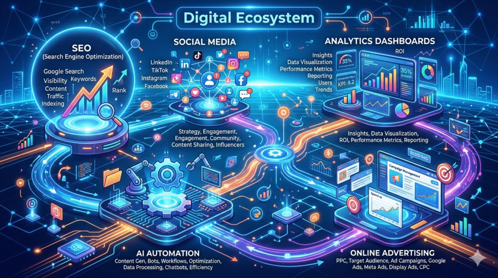 Defining digital marketing in 2026 with AI tools, SEO, social media, and analytics platforms.