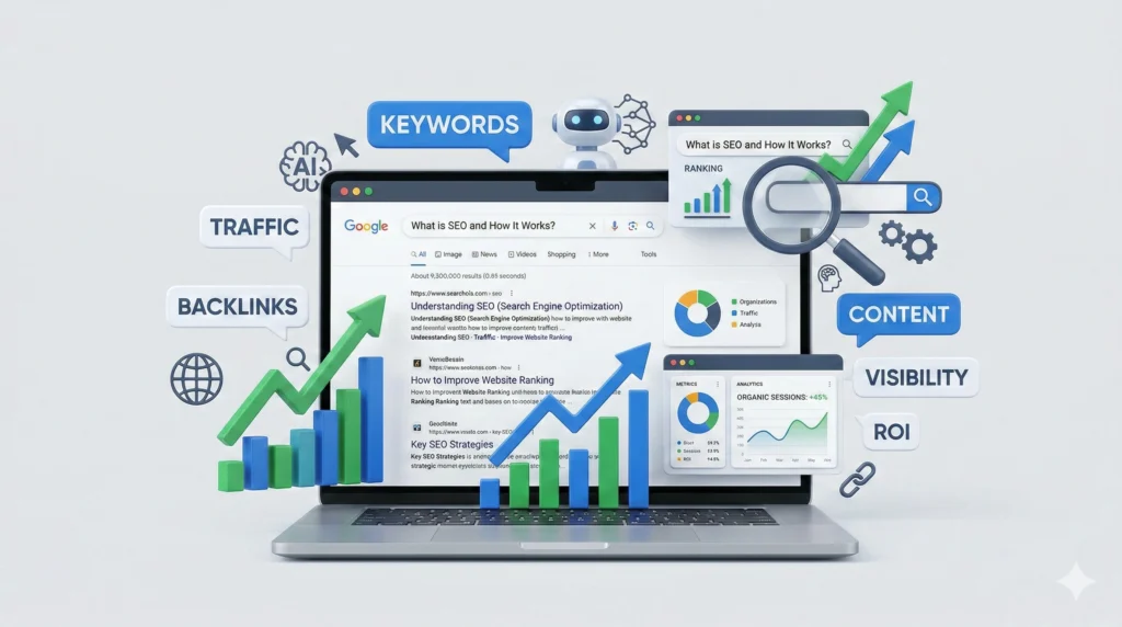 SEO concept illustration showing Google search results on laptop screen with keywords, backlinks, traffic, content, visibility, ROI, ranking charts, and growth arrows.