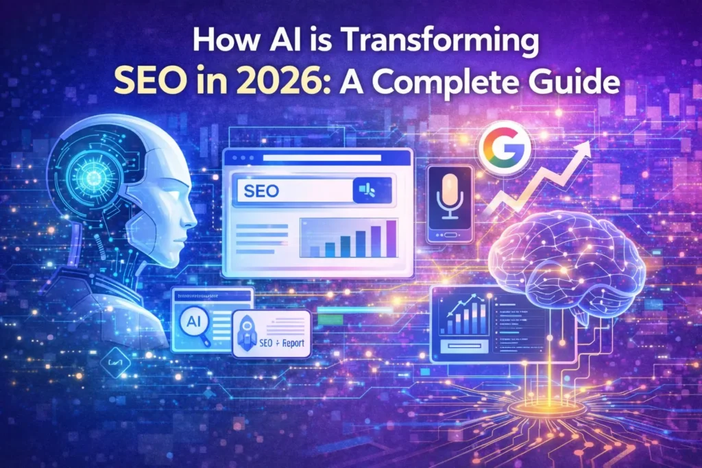 How AI is transforming SEO in 2026 showing AI-powered search, analytics, Google ranking signals and future SEO trends