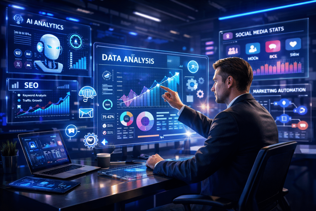Futuristic workspace illustrating the future of digital marketing, featuring a professional marketer analyzing AI-powered analytics dashboards, SEO graphs, social media metrics, and marketing automation tools on holographic screens in a high-tech 2026 office environment.