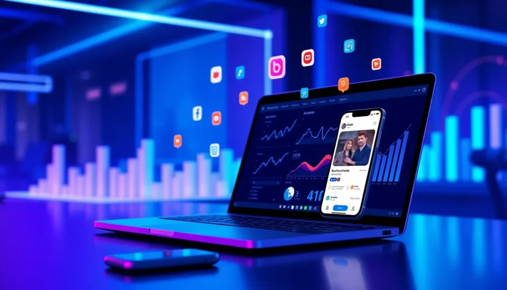 A laptop and smartphone displaying social media analytics and profiles, surrounded by floating social media icons in a neon blue digital environment with data charts.